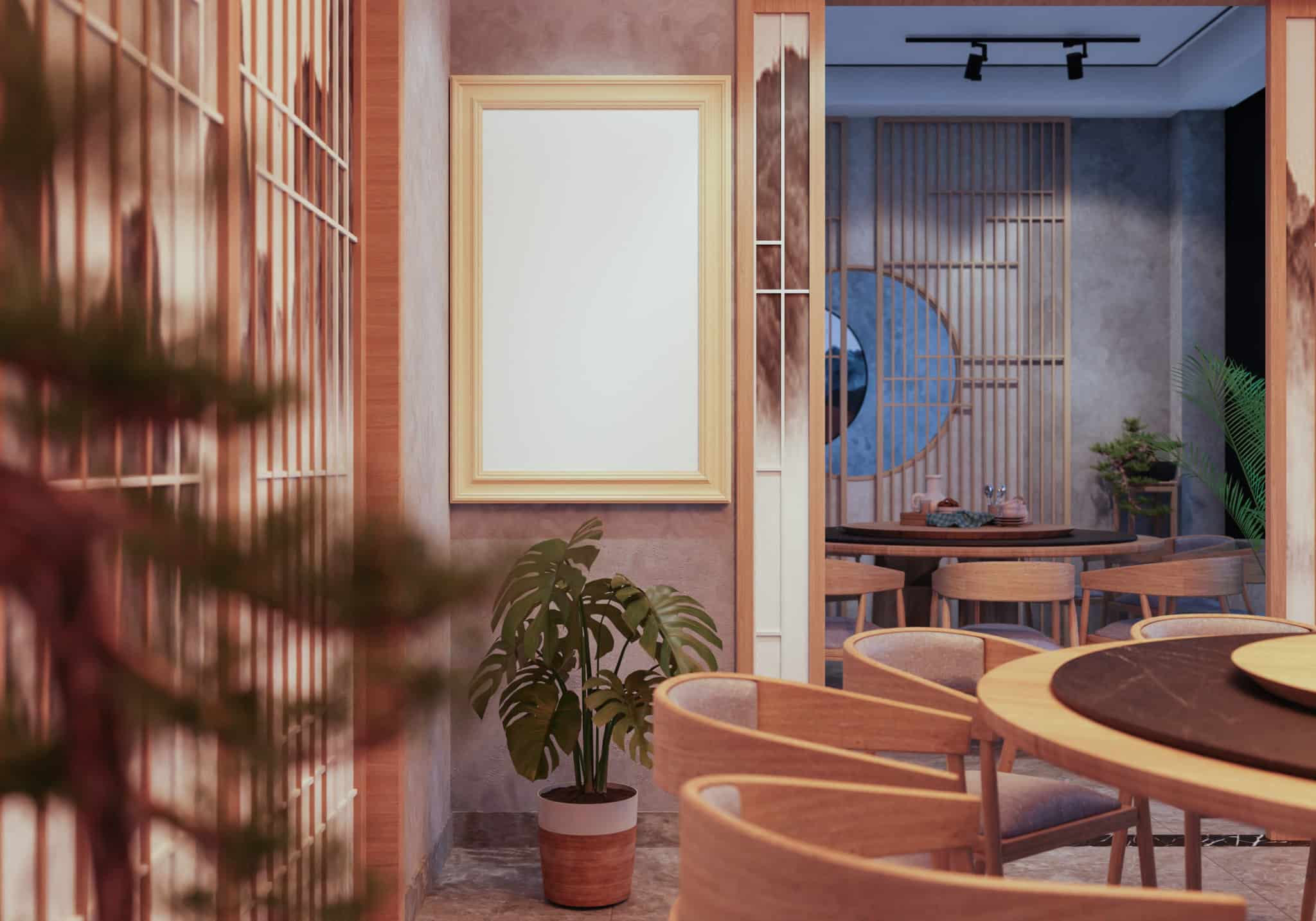 カフェに高級感を与える内装デザイン|費用相場も解説 7 3d illustration mockup photo frame in restaurant 2023 11 27 05 14 55 utc scaled 2